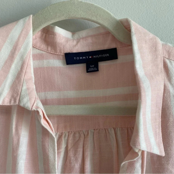 TOMMY Hilfiger Cotton Blend Linen-Look Pink and White Striped Button Down  S - Picture 4 of 10
